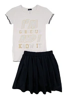 Girls Im Gorgeous and I Know It Tee Pleated Skirt, Black,