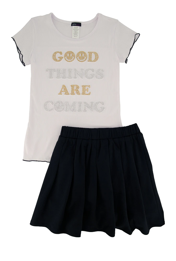 Girls Good Things Are Coming Tee and Pleated Skirt, Black, Size 14-16