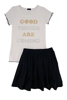 Girls Good Things Are Coming Tee and Pleated Skirt, Black, Size 14-16