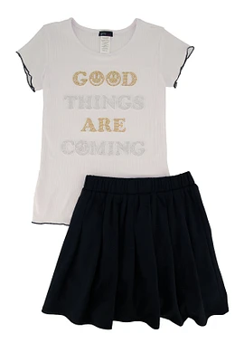 Girls Good Things Are Coming Tee and Pleated Skirt, Black, Size 7-8