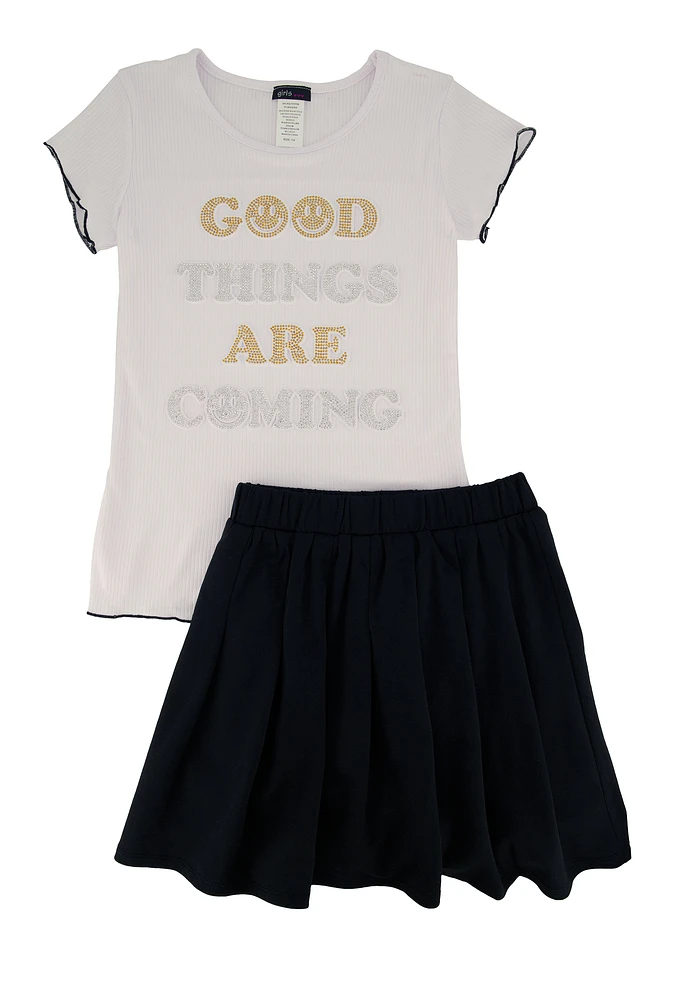 Girls Good Things Are Coming Tee and Pleated Skirt, Black, Size 7-8