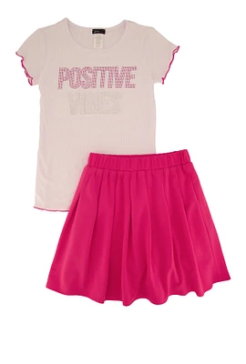 Girls Rhinestone Positive Vibes Tee and Pleated Skirt, Pink, Size 14-16