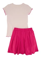 Girls Rhinestone Positive Vibes Tee and Pleated Skirt, Pink, Size 14-16