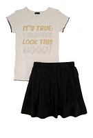 Girls Its True I Always Look This Good Tee and Pleated Skirt, Black, Size 14-16