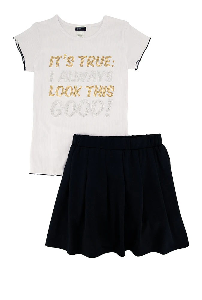 Girls Its True I Always Look This Good Tee and Pleated Skirt, Black, Size 14-16