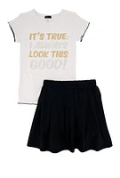 Girls Its True I Always Look This Good Tee and Pleated Skirt, Black, Size 14-16