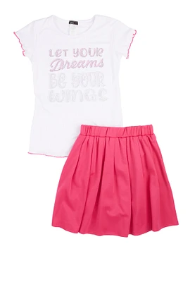 Little Girls Rhinestone 3D Embossed Graphic Top and Pleated Skirt, Pink, Size 7-8