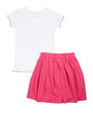 Little Girls Rhinestone 3D Embossed Graphic Top and Pleated Skirt, Pink, Size 7-8