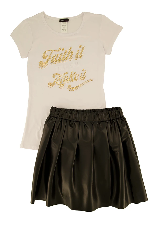 Girls Faith It Till You Make It Tee and Pleated Skirt, Black, Size 10-12