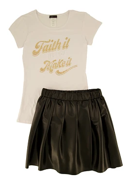 Girls Faith It Till You Make It Tee and Pleated Skirt, Black, Size 10-12