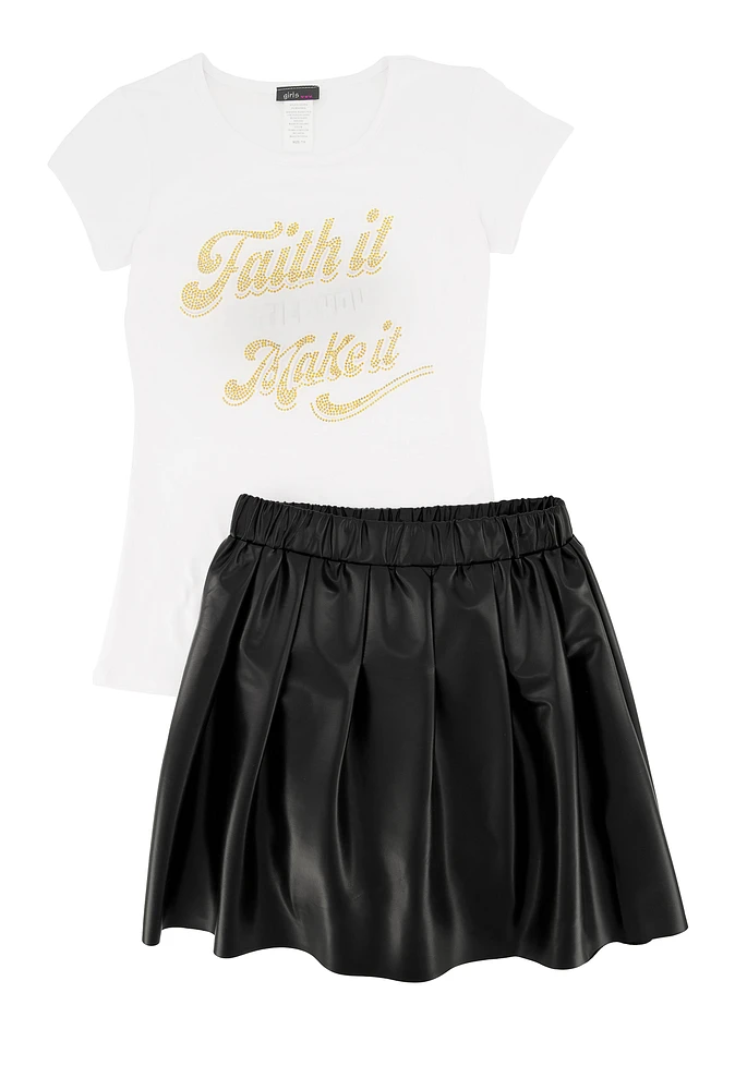Girls Faith It Till You Make It Tee and Pleated Skirt, Black, Size 7-8