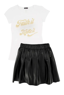 Girls Faith It Till You Make It Tee and Pleated Skirt, Black, Size 7-8