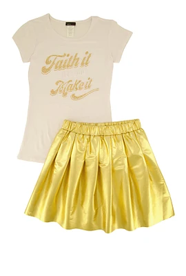 Girls Faith It Till You Make It Tee and Pleated Skirt, Yellow, Size 10-12