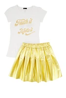 Girls Faith It Till You Make Tee and Pleated Skirt, Yellow,