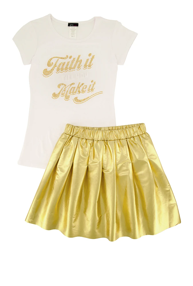 Girls Faith It Till You Make It Tee and Pleated Skirt, Yellow, Size 7-8