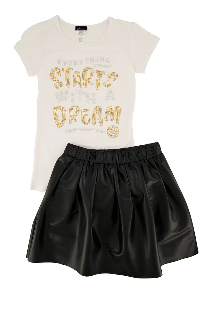 Girls Dream Graphic Top and Faux Leather Pleated Skort, White, Size 7-8