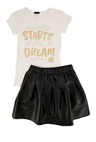 Girls Dream Graphic Top and Faux Leather Pleated Skort, White, Size 7-8