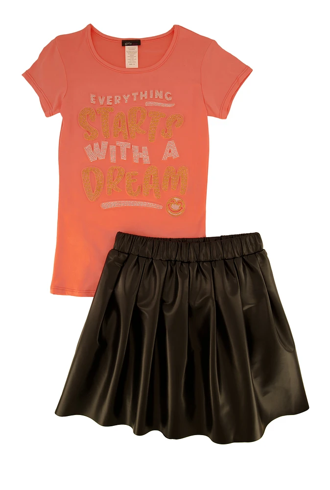 Girls Dream Graphic Top and Faux Leather Pleated Skort,