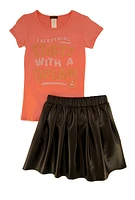 Girls Dream Graphic Top and Faux Leather Pleated Skort,