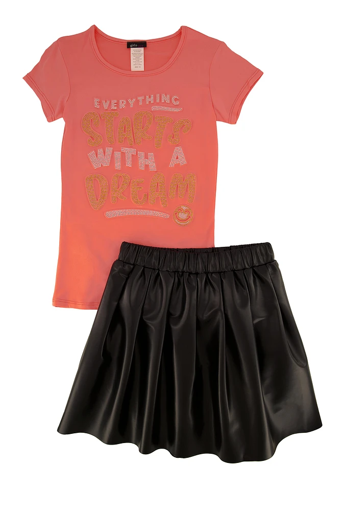 Girls Dream Graphic Top and Faux Leather Pleated Skort, Pink, Size 10-12