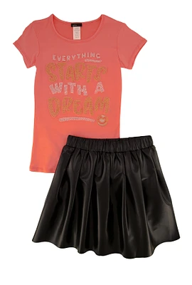 Girls Dream Graphic Top and Faux Leather Pleated Skort, 7-8