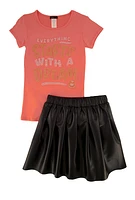 Girls Dream Graphic Top and Faux Leather Pleated Skort, Pink, Size 10-12