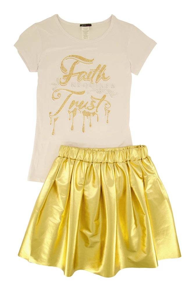 Girls Faith Requires Trust Top and Pleated Skirt, Yellow, Size 7-8