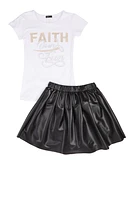 Girls Faith Over Fear Tee and Pleated Skirt, White, Size 14-16