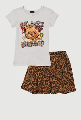 Girls Out Here Graphic Tee and Leopard Print Skirt, Brown, Size 7-8