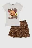 Girls Out Here Graphic Tee and Leopard Print Skirt, Brown, Size 7-8
