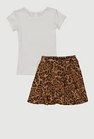 Girls Out Here Graphic Tee and Leopard Print Skirt, Brown, Size 7-8