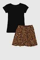 Girls Worry Ends Graphic Tee and Ribbed Knit Skirt, Black, Size 10-12