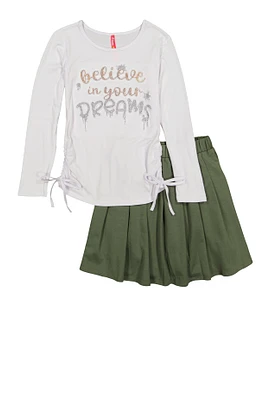 Girls Believe In Your Dreams Top and Pleated Skirt, Green, Size 10-12