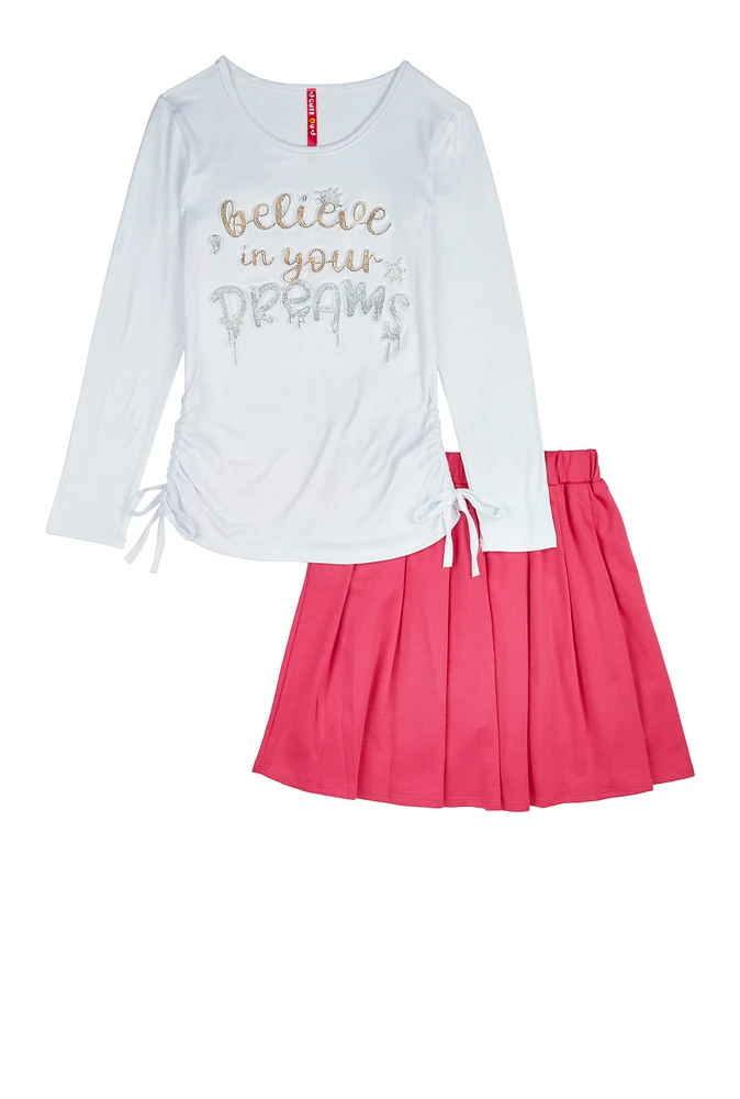 Girls Believe In Your Dreams Top and Pleated Skirt, Pink, Size 10-12