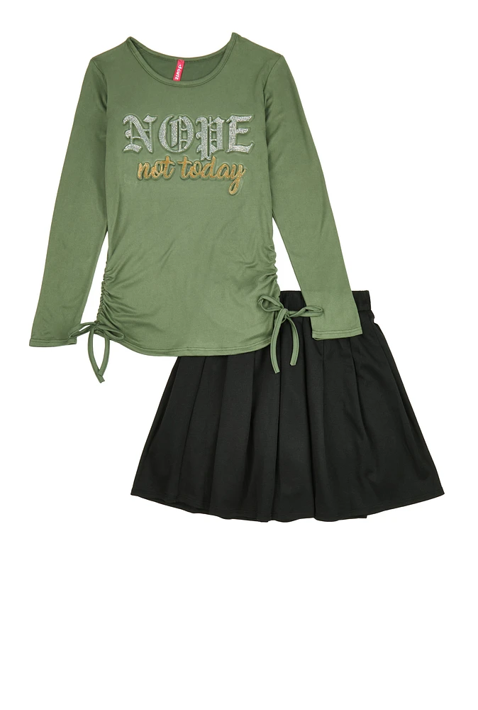 Girls Rhinestone Nope Not Today Top and Pleated Skirt,