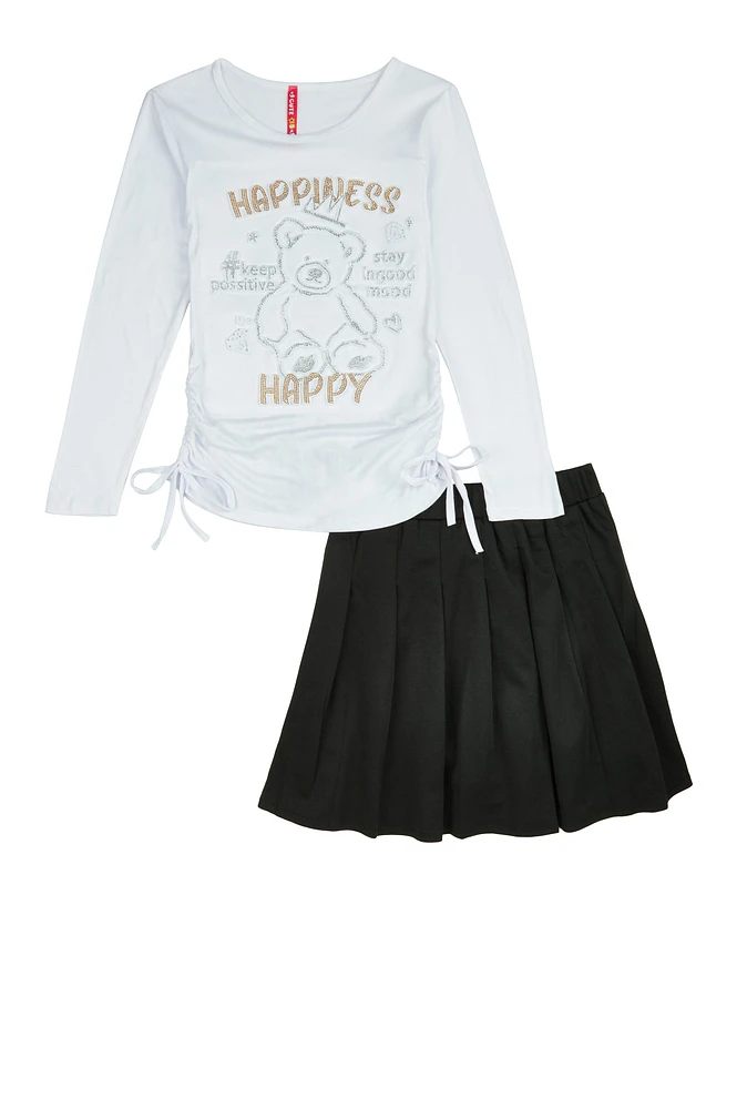 Girls Happiness Bear Rhinestone Graphic Top and Pleated Skirt, Black, Size 10-12