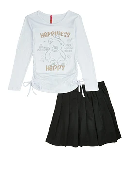 Girls Happiness Bear Rhinestone Graphic Top and Pleated Skirt, Black, Size 10-12