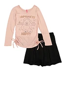 Girls Happiness Bear Rhinestone Graphic Top and Pleated Skirt, Pink, Size 14-16