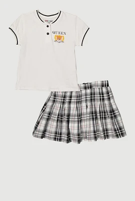 Girls Queen Of Everything Bear Polo Shirt and Plaid Skirt, Multi, Size 10-12