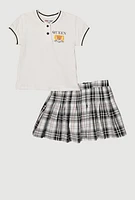 Girls Queen Of Everything Bear Polo Shirt and Plaid Skirt, Multi, Size 10-12