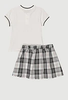 Girls Queen Of Everything Bear Polo Shirt and Plaid Skirt, Multi, Size 10-12