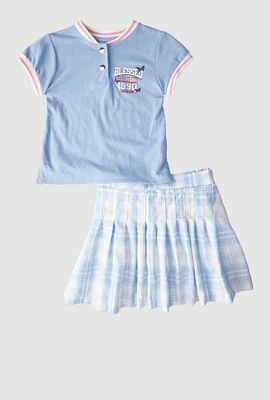 Girls Blessed Everyday Graphic Top and Plaid Skort, Blue, Size 7-8