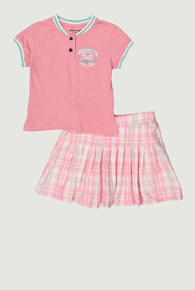 Girls Brooklyn New York Varsity Polo Shirt and Plaid Skirt, Pink, Size 7-8