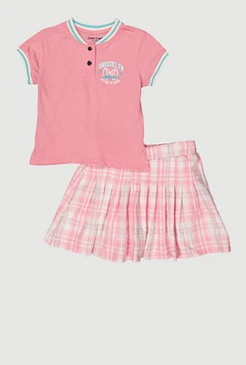 Girls Brooklyn New York Varsity Polo Shirt and Plaid Skirt, Pink, Size 10-12