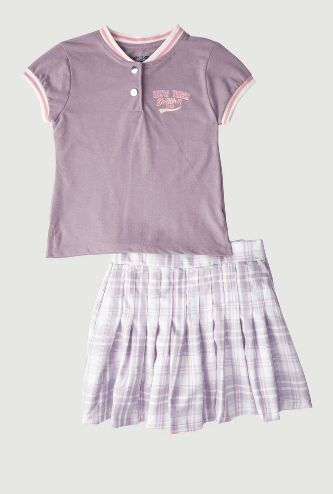 Girls New York Dreamer Graphic Top and Plaid Skort, Purple, Size 7-8