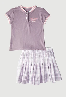 Girls New York Dreamer Graphic Top and Plaid Skort, Purple, Size 7-8