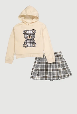Girls Plaid Bear Hoodie and Pleated Skirt, Multi, Size 7-8