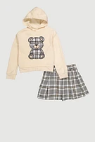 Girls Plaid Bear Hoodie and Pleated Skirt, Multi, Size 7-8