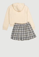 Girls Plaid Bear Hoodie and Pleated Skirt, Multi,