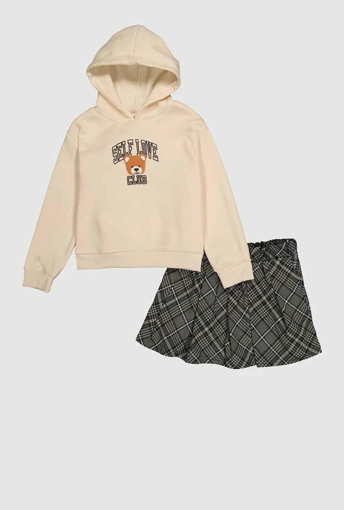 Girls Self Love Club Bear Hoodie and Plaid Skirt, Beige, Size 10-12